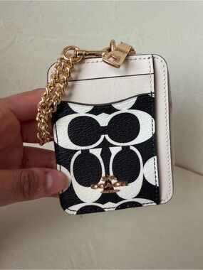 COACH Black & Cream Signature Card Holder with Gold Chain
